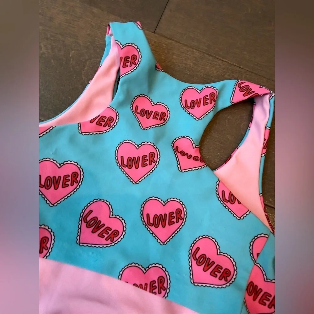 Designer Pink & Turquoise Heart Leopard Cutout Swimsuit